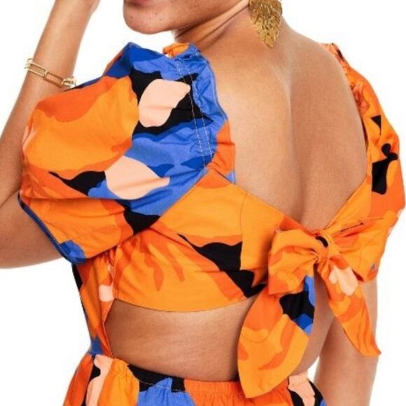 Tabitha Brown for Target Women's Puff Sleeve Tie Back Dress Size 14 Orange Blue - Picture 9 of 15